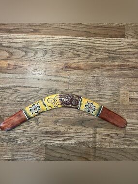 Hand-Painted Yellow & Brown Decorative Boomerang Raised Dots Aboriginal Flowers